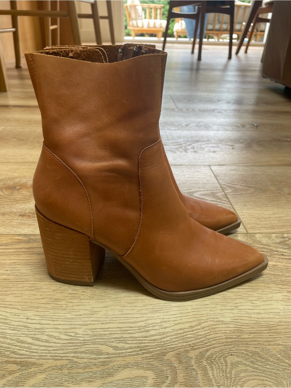 Steve Madden Cognac Leather Pointed Toe Block Heel Ankle Boots